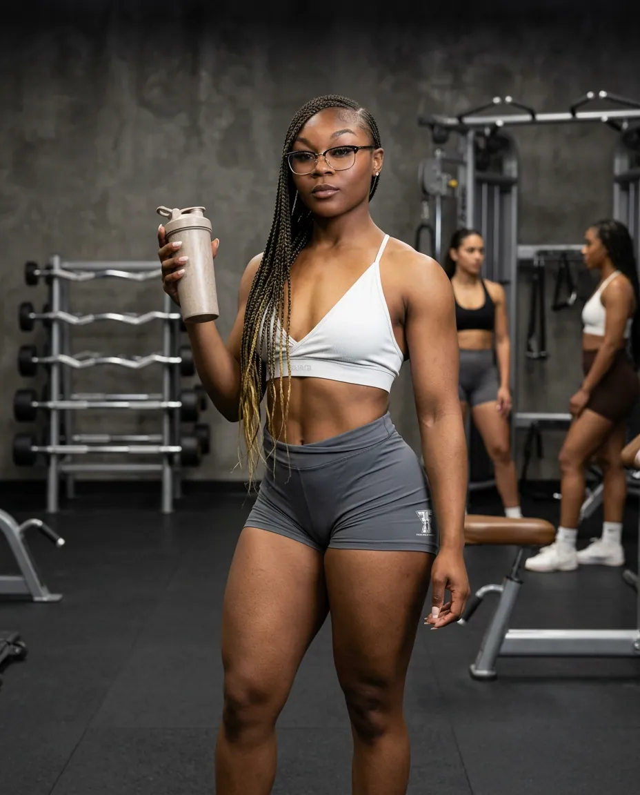 Woman wearing grey Fresh Fit Focused fitness shorts in a strength-training gym