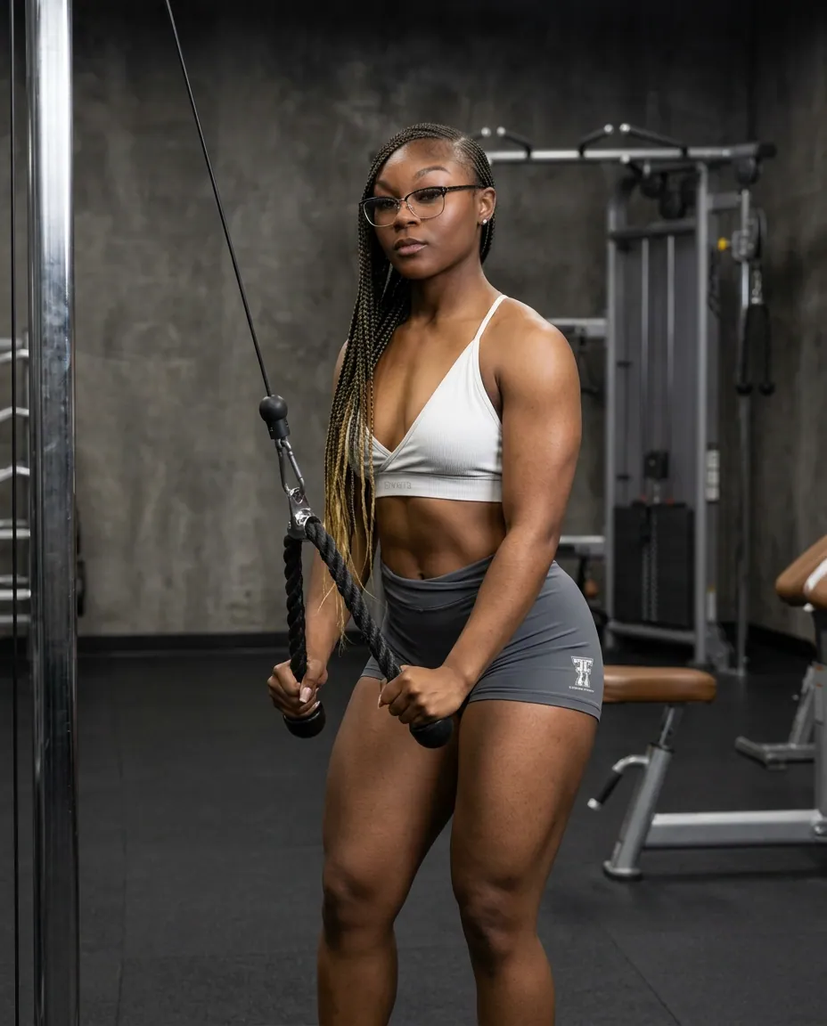 Woman strength training with a cable in grey Fresh Fit Focused fitness shorts